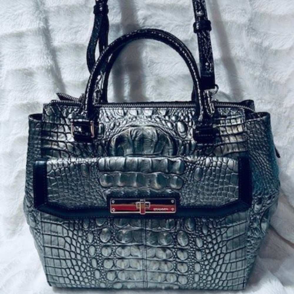 BRAHMIN MALIA BLACK/GREY/SILVER MELBOURNE GENUINE LEATHER SATCHEL SHOULDER BAG